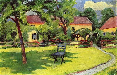 Unser Gaertchen und Krankenhaus in Tegernsee von August Macke als Kunstdruck auf Leinwand