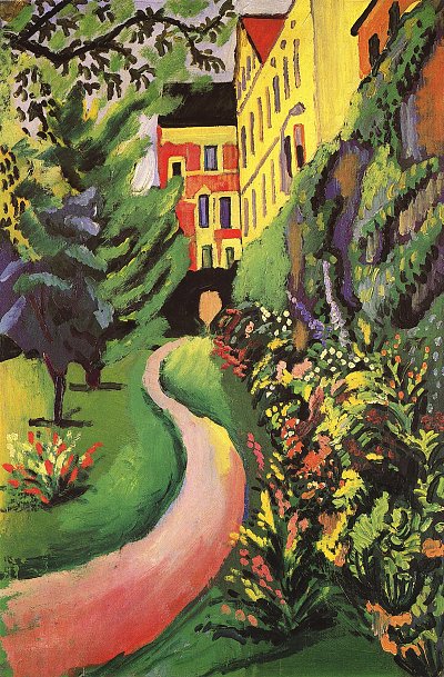 Unser Garten mit bluehenden Rabatten von August Macke als Kunstdruck auf Leinwand