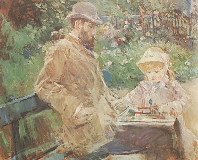 Eugene Manet und seine Tochter in Bougival von Berthe Morisot als Kunstdruck auf Leinwand