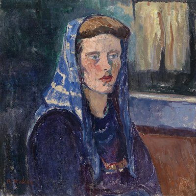 Frau mit blauem Kopftuch von Broncia Koller Pinell als Kunstdruck auf Leinwand