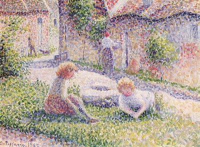 Kinder auf einem Bauernhof von Camille Pissarro als Kunstdruck auf Leinwand