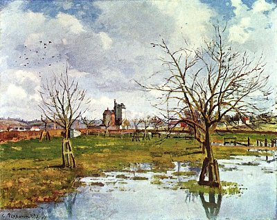 Landschaft mit ueberfluteten Feldern von Camille Pissarro als Kunstdruck auf Leinwand