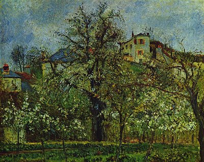 Obstgarten mit bluehenden Baeumen von Camille Pissarro als Kunstdruck auf Leinwand