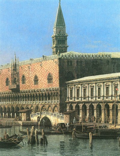 Ausschnitt aus Molo Blick nach Westen mit Dogenpalast und Staatsgefaengnis von Canaletto als Kunstdruck auf Leinwand