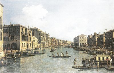 Der Canal Grande mit Blick in suedoestlicher Richtung auf die Rialtobruecke von Canaletto als Kunstdruck auf Leinwand