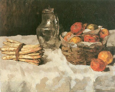 Äpfel auf Weiß mit Körbchen Zinnkrug und Spargelbund von Carl Schuch als Kunstdruck auf Leinwand