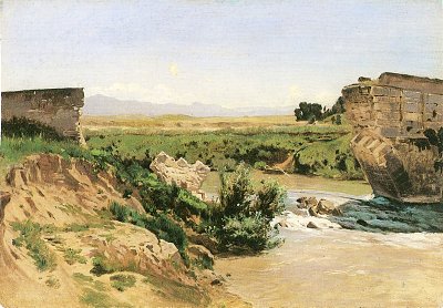 Brückenruine an einem Flusslauf von Carl-Schuch als Kunstdruck auf Leinwand