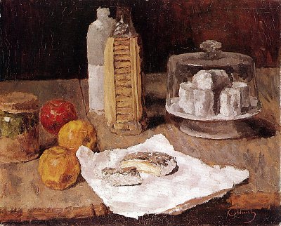 Flaschen Käse, Äpfel und ein Glas mit Eingemachten von Carl Schuch als Kunstdruck auf Leinwand