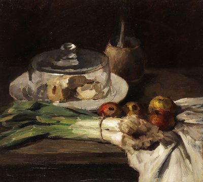 Stilleben mit Porreebündel Käseglocke und Äpfeln von Carl Schuch als Kunstdruck auf Leinwand
