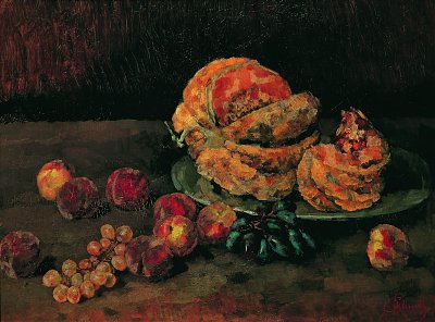 Stillleben mit Kürbis Pfirsich und Weintrauben von Carl Schuch als Kunstdruck auf Leinwand