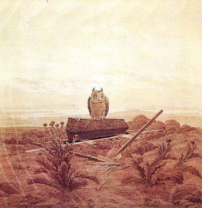 Landschaft mit Grab Sarg und Eule von Caspar David Friedrich als Kunstdruck auf Leinwand