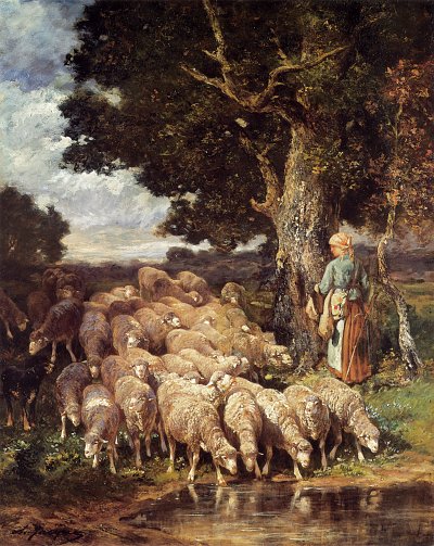 A shepherdess with her flock near a stream von Charles Emile Jacque als Kunstdruck auf Leinwand