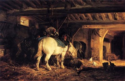 In the Stable von Charles Emile Jacque als Kunstdruck auf Leinwand