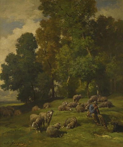 Shepherd in a field with his flock von Charles Emile Jacque als Kunstdruck auf Leinwand