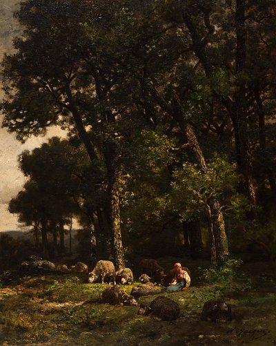 Shepherdess with her flock at the edge of the forest von Charles Emile Jacque als Kunstdruck auf Leinwand