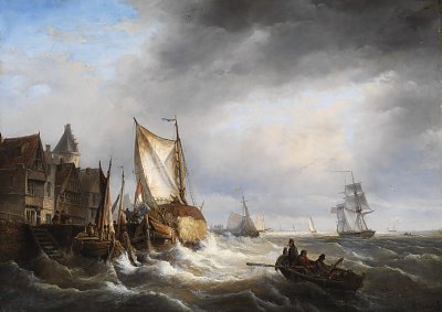 Hafeneinfahrt bei stürmischer See von Charles Leickert als Kunstdruck auf Leinwand