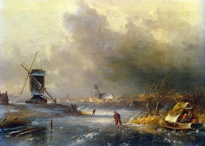 Schlittschuhläufer auf einem zugefrorenem Fluss von Charles Leickert als Kunstdruck auf Leinwand
