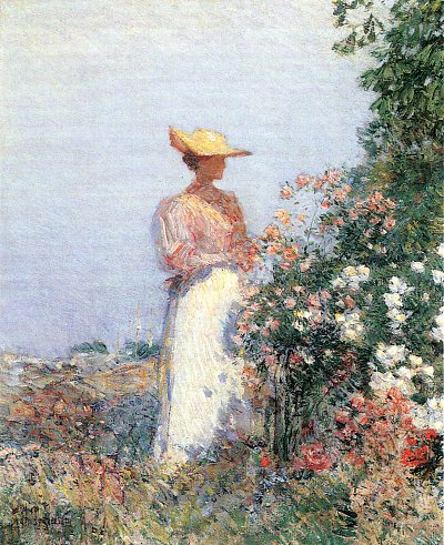 Dame im Blumengarten von Childe Hassam als Kunstdruck auf Leinwand