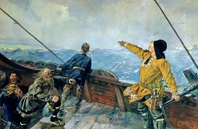 Leif Erikson discovers America von Christian Krohg als Kunstdruck auf Leinwand