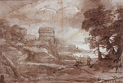 Landschaft mit rundem Turm und Meeresbucht von Claude Lorrain als Kunstdruck auf Leinwand
