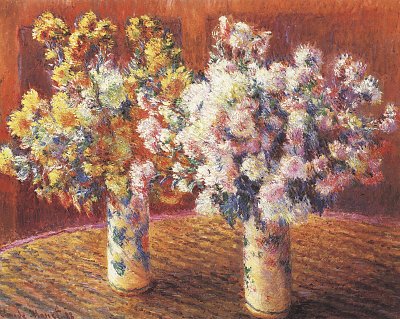 zwei Vasen mit Chrysanthemen von Claude Monet als Kunstdruck auf Leinwand