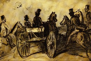 Carriage and Three Gentlemen on Horses Kunstdruck