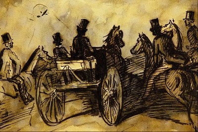 Carriage and Three Gentlemen on Horses von Constantin Guys als Kunstdruck auf Leinwand