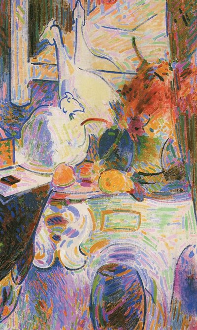 Stilleben mit Porzellan Perlhühnern vor einem Spiegel von Curt Herrmann als Kunstdruck auf Leinwand