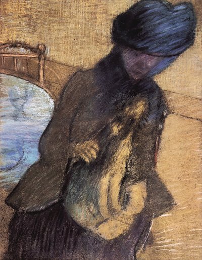 Mary Cassatt mit Huendchen von Edgar Degas als Kunstdruck auf Leinwand