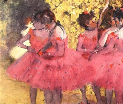 Taenzerinnen in Rosa zwischen den Kulissen von Edgar Degas als Kunstdruck auf Leinwand