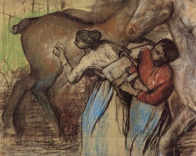 Zwei Waescherinnen und Pferde von Edgar Degas als Kunstdruck auf Leinwand