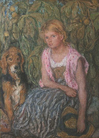 Young girl and her dog von Edmond Aman Jean als Kunstdruck auf Leinwand