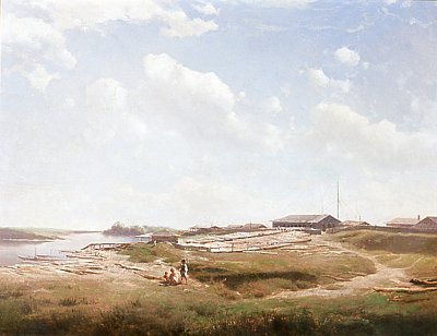Donaulandschaft mit Holzlagerplatz von Eduard Peithner von Lichtenfels als Kunstdruck auf Leinwand