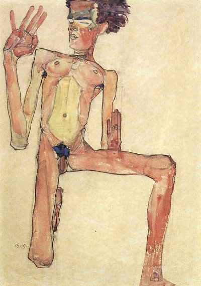 Kniender Akt SelbstPortraet von Egon Schiele als Kunstdruck auf Leinwand