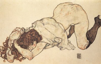 Kniendes Maedchen auf beide Ellenbogen gestuetzt von Egon Schiele als Kunstdruck auf Leinwand