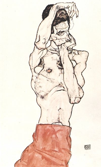 Maennlicher Akt mit rotem Tuch von Egon Schiele als Kunstdruck auf Leinwand