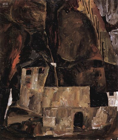 Mauer und Haus vor huegeligem Gelaende mit Zaun von Egon Schiele als Kunstdruck auf Leinwand