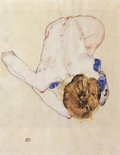 Nach vorn gebeugter weiblicher Akt von Egon Schiele als Kunstdruck auf Leinwand