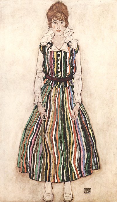 Portraet der Edith Schiele im gestreiften Kleid von Egon Schiele als Kunstdruck auf Leinwand