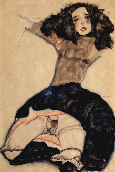 Schwarzhaariges Maedchen mit hochgeschlagenem Rock von Egon Schiele als Kunstdruck auf Leinwand