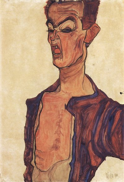 SelbstPortraet eine Grimasse schneidend von Egon Schiele als Kunstdruck auf Leinwand