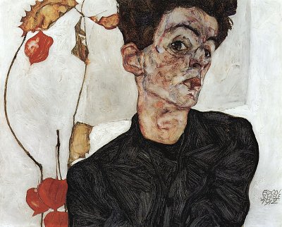 SelbstPortraet mit Lampionfruechten von Egon Schiele als Kunstdruck auf Leinwand