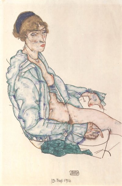 Sitzende Frau mit blauem Haarband von Egon Schiele als Kunstdruck auf Leinwand