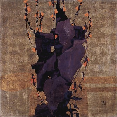 Stilisierte Blumen vor dekorativem Hintergrund Stillleben von Egon Schiele als Kunstdruck auf Leinwand