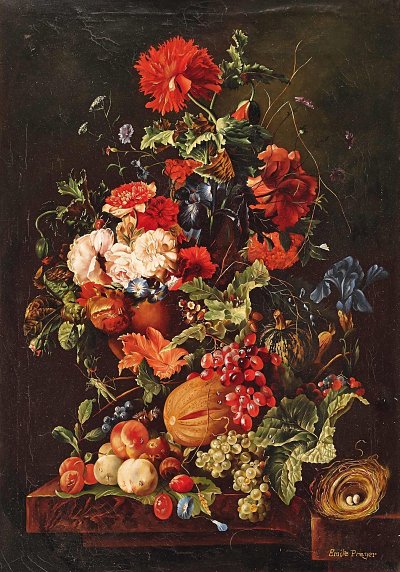 Blumenstillleben mit Früchten und Vogelnest von Emilie-Preyer als Kunstdruck auf Leinwand