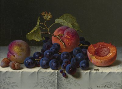 Stillleben von Pfirsichen Nüssen und Weintrauben auf einem Tisch von Emilie-Preyer als Kunstdruck auf Leinwand