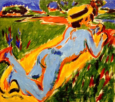 Liegender blauer Akt mit Strohhut von Ernst Ludwig Kirchner als Kunstdruck auf Leinwand