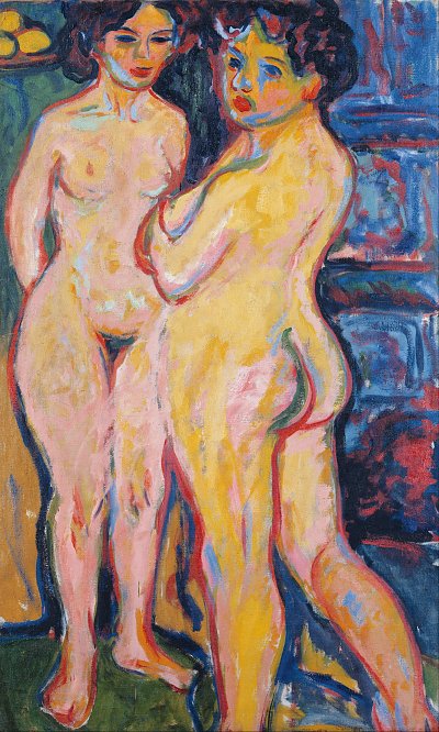 Zwei Akte stehend vor Ofen von Ernst-Ludwig-Kirchner als Kunstdruck auf Leinwand