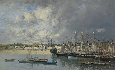 Boats at anchor in the harbor, Portrieux von Eugene Boudin als Kunstdruck auf Leinwand