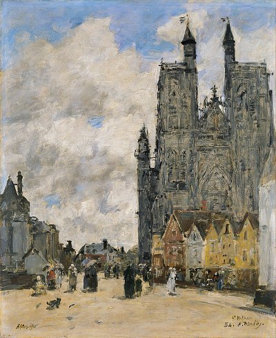 La Place de l eglise Saint Vulfran a Abbeville von Eugene Boudin als Kunstdruck auf Leinwand